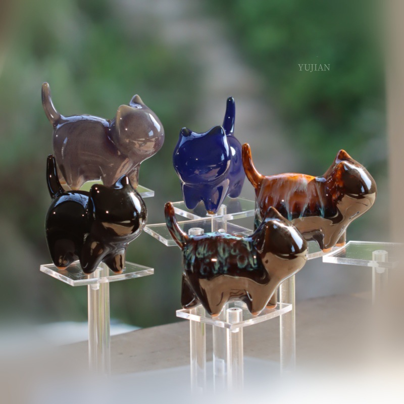 窑变色色茶宠 开片可养单个茶盘茶桌陶瓷摆件送礼小猫咪茶道配件