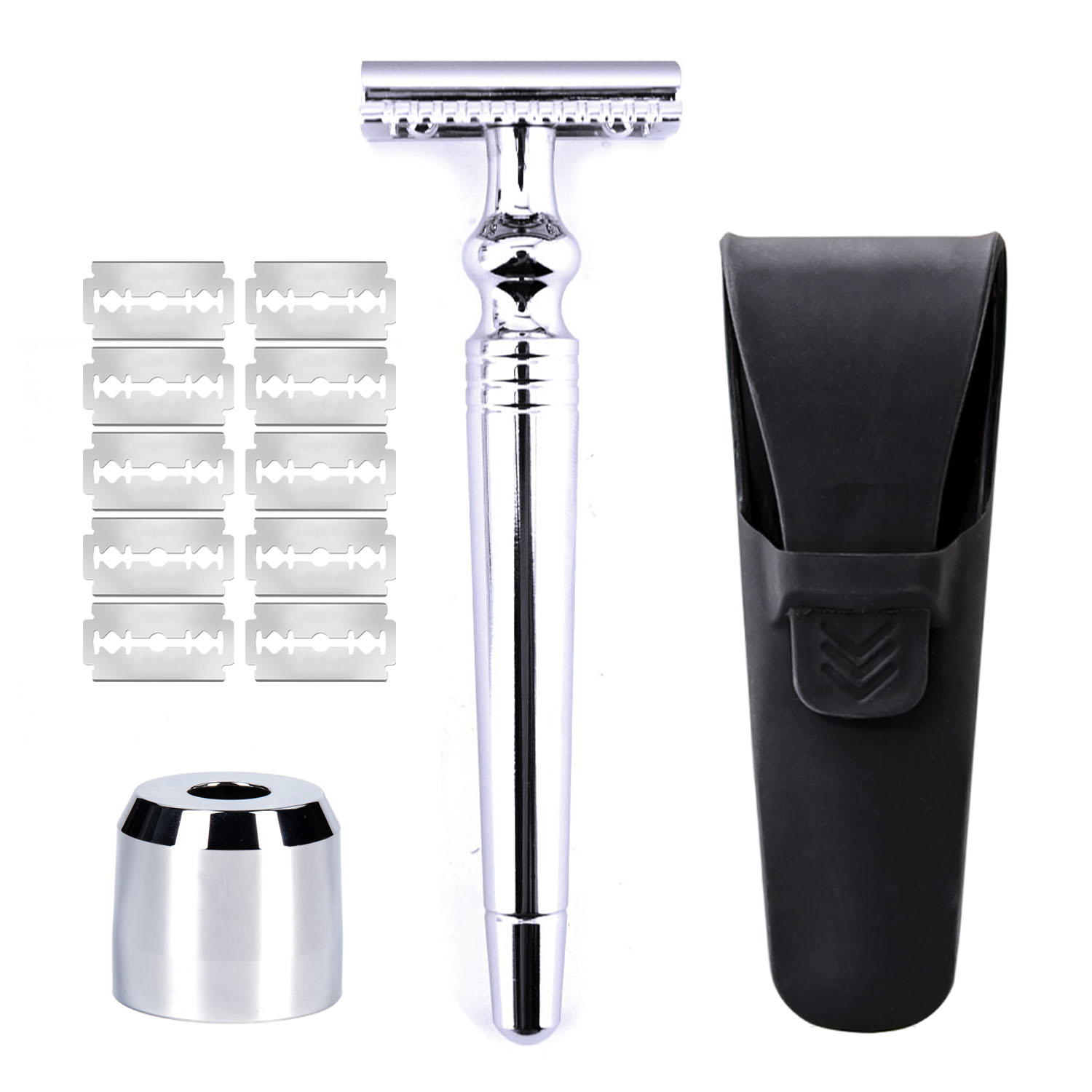 纯金属安全剃刀三片式锥形手柄哑光黑银色喷漆配74刀片底座三件套