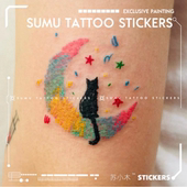 苏小木 2张 可爱手臂蜡笔风彩色月亮和猫咪纹身贴防水女持久