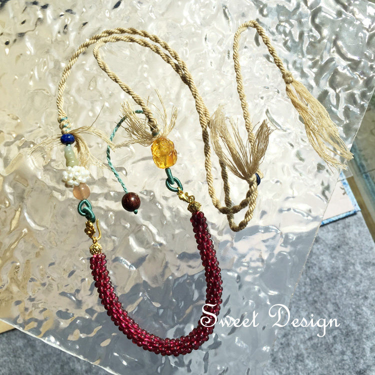Sweet手作编织款天然酒红石榴石 唐卡项链挂链配链 醉艳红 包邮