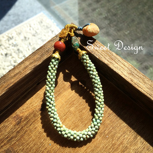 Sweet手作 天然绿松石菜籽黄绿色调 原矿无忧化 编织手链 包邮