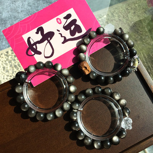 Sweet手作 设计款银曜石手串 陨石珠 醒狮头 水晶柱 暗黑系骷髅