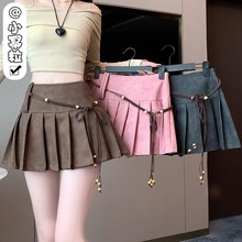 美式辣妹pu皮裙棕色做旧百褶半身裙女秋季美拉德高腰显瘦a字短裙