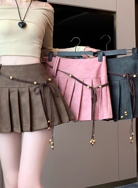 美式辣妹pu皮裙棕色做旧百褶半身裙女秋季美拉德高腰显瘦a字短裙