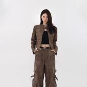 2025秋冬新款 美式 复古美拉德棕色pu皮衣夹克外套女短款 机车服上衣