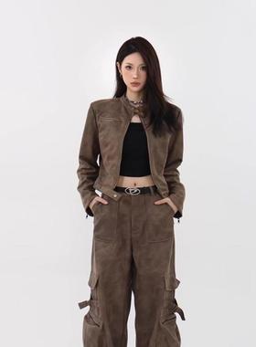 美式复古美拉德棕色pu皮衣夹克外套女短款2025秋冬新款机车服上衣