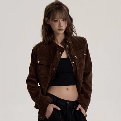 辣妹棕色立领夹克独特别致上衣女