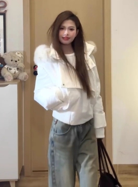 美式复古潮牌辣妹收腰设计短款棉服女冬季新款大毛领连帽加厚外套