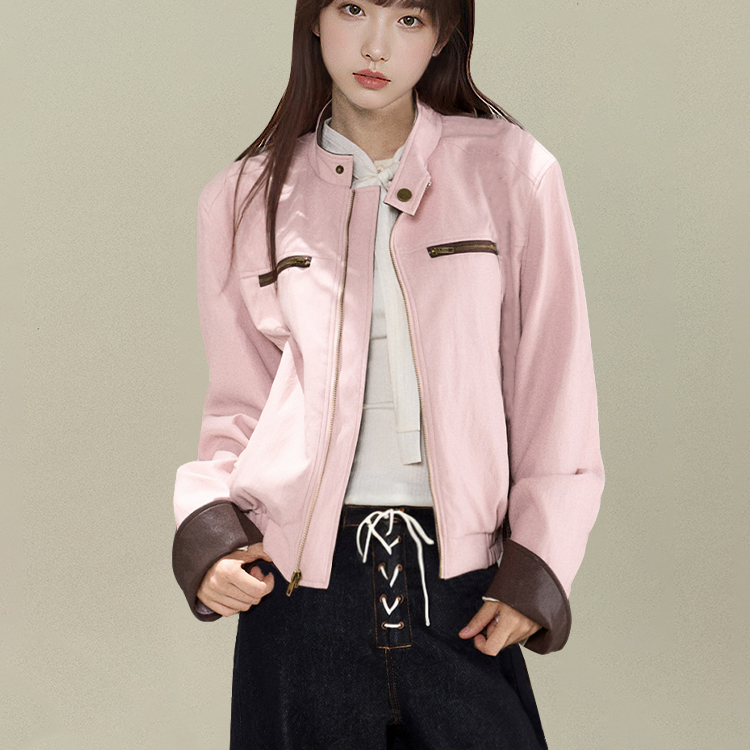美式复古粉色立领拉链工装外套女
