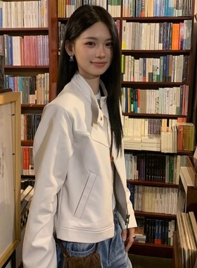 酷飒风白色皮衣外套女韩版短款春秋高级感小众设计宽松立领夹克潮