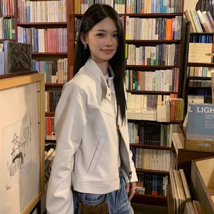 酷飒风白色皮衣外套女韩版 春秋高级感小众设计宽松立领夹克潮 短款