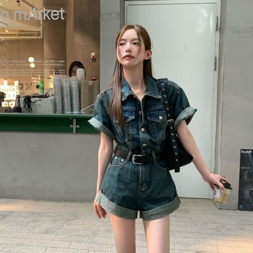 牛仔polo领蓝色收腰显瘦连体裤女