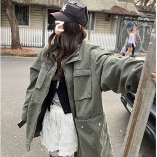 设计感工装做旧落肩外套女春秋复古美式oversize多口袋宽松上衣潮