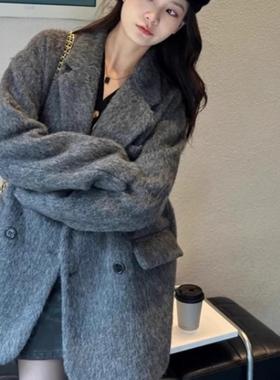 2025新款秋冬季高级感小个子灰色羊毛呢子加厚短西装大衣女款外套