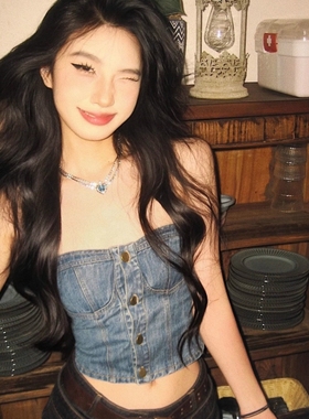 复古蓝色无袖水洗牛仔夏季抹胸背心女设计感辣妹紧身显瘦短款上衣