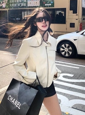 美式设计感白色小众翻领pu皮衣夹克女春秋季爆款韩版休闲修身外套