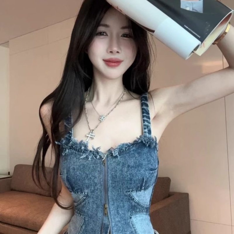 辣妹一字肩抹胸牛仔吊带背心上衣