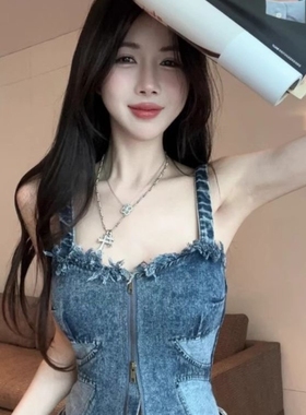 美式毛边牛仔吊带背心女外穿夏泰式辣妹一字肩抹胸小上衣独特绝美