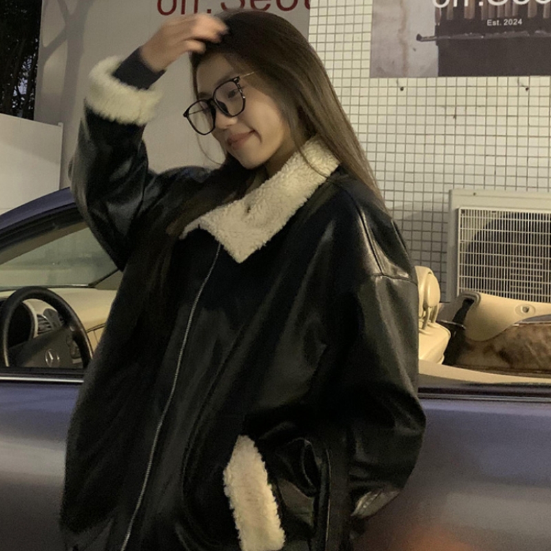 复古拼接羊羔毛机车夹克宽松外套