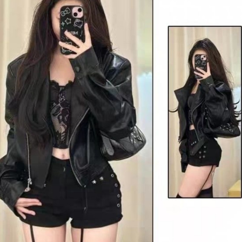 翻领机车夹克上衣百搭显宽松短款