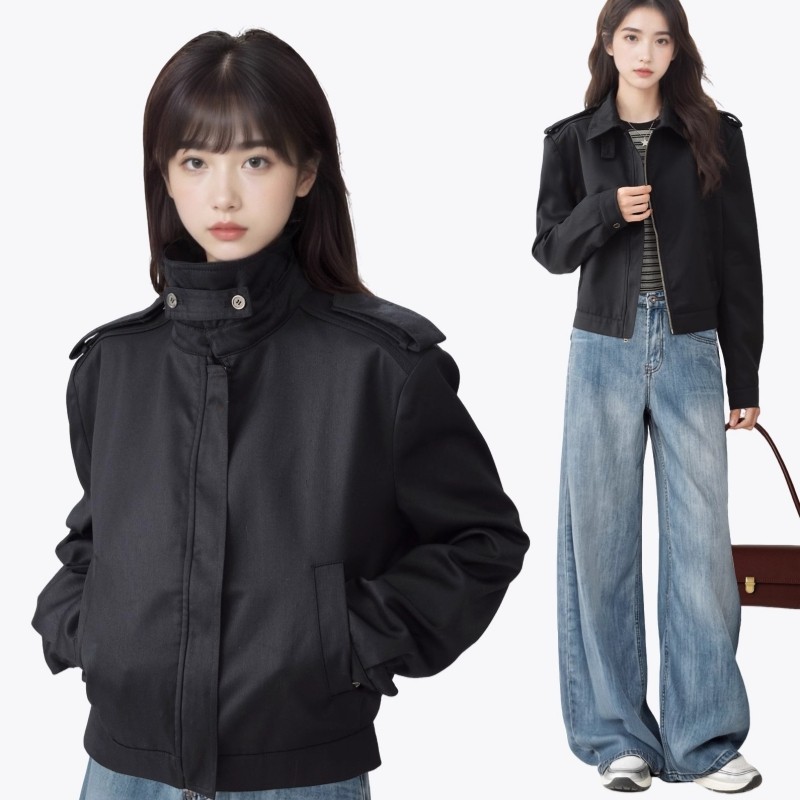 秋季个性黑色立领阔肩外套女新款复古纯色短款休闲百搭夹克上衣潮,女装/女士精品,皮衣,淘宝优惠券,粉丝福利购,淘宝优惠卷