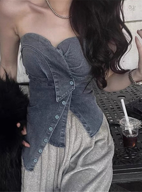 纯欲辣妹不规则牛仔吊带小背心女夏外穿设计感带胸垫裹胸抹胸上衣