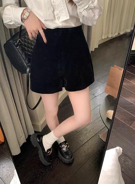 黑色丝绒短裤女秋冬外穿百搭高腰显瘦遮肉小个子a字休闲阔腿裤子