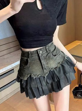 辣妹风拼接牛仔半身裙女夏季设计感复古包臀A字裙蛋糕裙百褶短裙