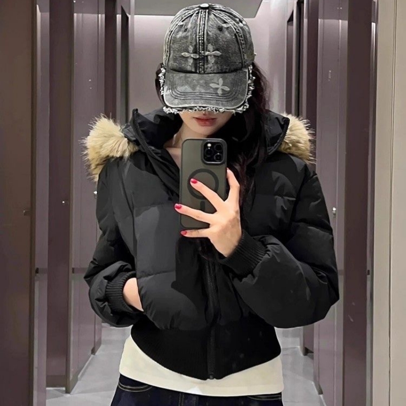 小个子黑色短款连帽棉服女冬季新款欧美高级感收腰时尚棉袄外套潮