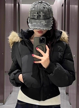 小个子黑色短款连帽棉服女冬季新款欧美高级感收腰时尚棉袄外套潮