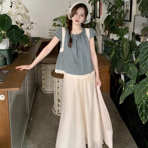 小众复古减龄蕾丝花边短袖牛仔
