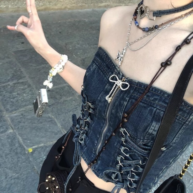 洋气高级感炸街“酷girl”纯欲甜辣风蝴蝶结胸针牛仔抽绳抹胸背心,女装/女士精品,背心吊带,淘宝优惠券,粉丝福利购,淘宝优惠卷