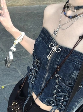 洋气高级感炸街“酷girl”纯欲甜辣风蝴蝶结胸针牛仔抽绳抹胸背心