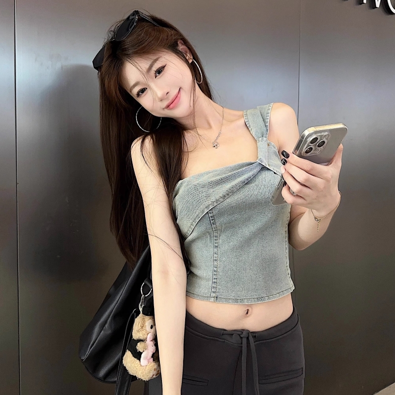 设计感小众外穿美式复古高腰牛仔吊带背心女辣妹斜肩无袖抹胸上衣