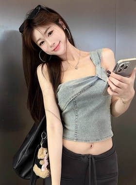 设计感小众外穿美式复古高腰牛仔吊带背心女辣妹斜肩无袖抹胸上衣