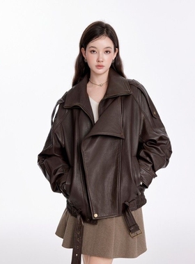 春秋复古设计感重工皮衣外套女港风机能风廓形羊腿袖宽松机车夹克