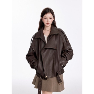 春秋复古设计感重工皮衣外套女港风机能风廓形羊腿袖宽松机车夹克