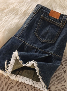 美式复古hiphop百褶牛仔女夏季新款高腰蕾丝拼接辣妹绝美A字短裙