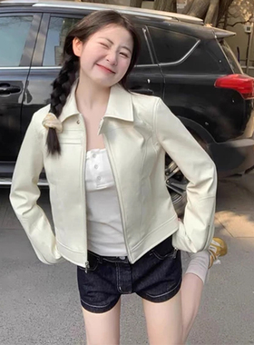 甜酷机车风翻领白色PU皮短外套女2025年新款小个子休闲工装皮夹克