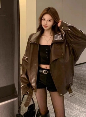 秋冬新款美式复古又酷又飒PU皮夹克外套女辣妹帅气宽松机车服上衣