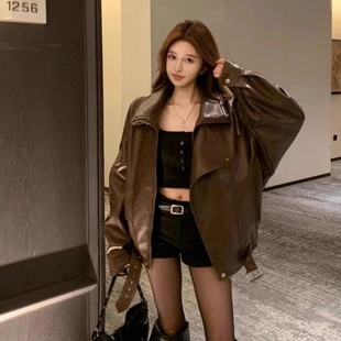 秋冬新款 复古又酷又飒PU皮夹克外套女辣妹帅气宽松机车服上衣 美式