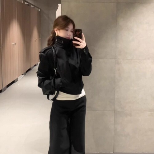 美式复古立领黑色阔肩短款外套女