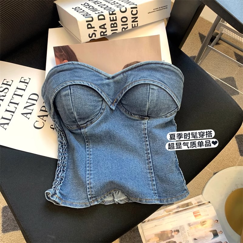 复古辣妹牛仔抹胸小背心女装夏季收腰设计感性感外穿裹胸短款上衣