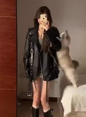 美式复古皮夹克黑色机车服2025秋冬季设计感甜酷辣风宽松皮衣外套