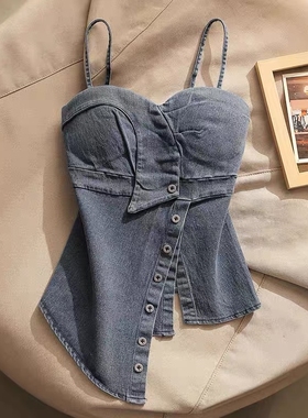 2025不规则抹胸牛仔甜欲吊带背心女夏季外穿显瘦辣妹带胸垫上衣