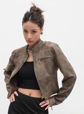 辣妹做旧复古机车服立领pu皮夹克棕色皮衣外套女秋冬短款修身上衣