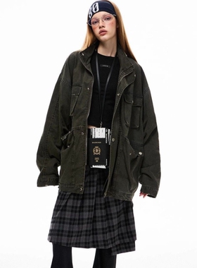 欧美风军绿色落肩牛仔外套女秋季新款时尚酷飒休闲中长款工装上衣