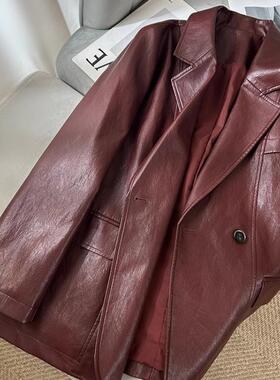 安哥拉红炸街港风复古pu皮西装上衣秋冬新款高级感宽松皮衣外套女