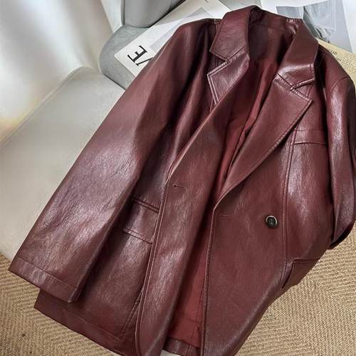 安哥拉红pu皮西装宽松皮衣外套女