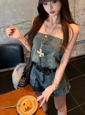 纯欲辣妹风蓝色连排扣连体抹胸牛仔裤女2025夏季复古性感修身短裤